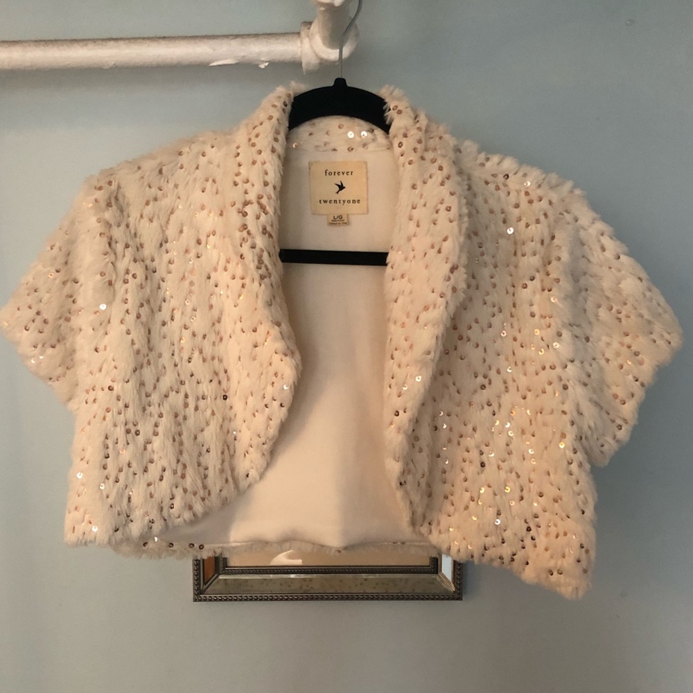 Sequin faux fur shrug